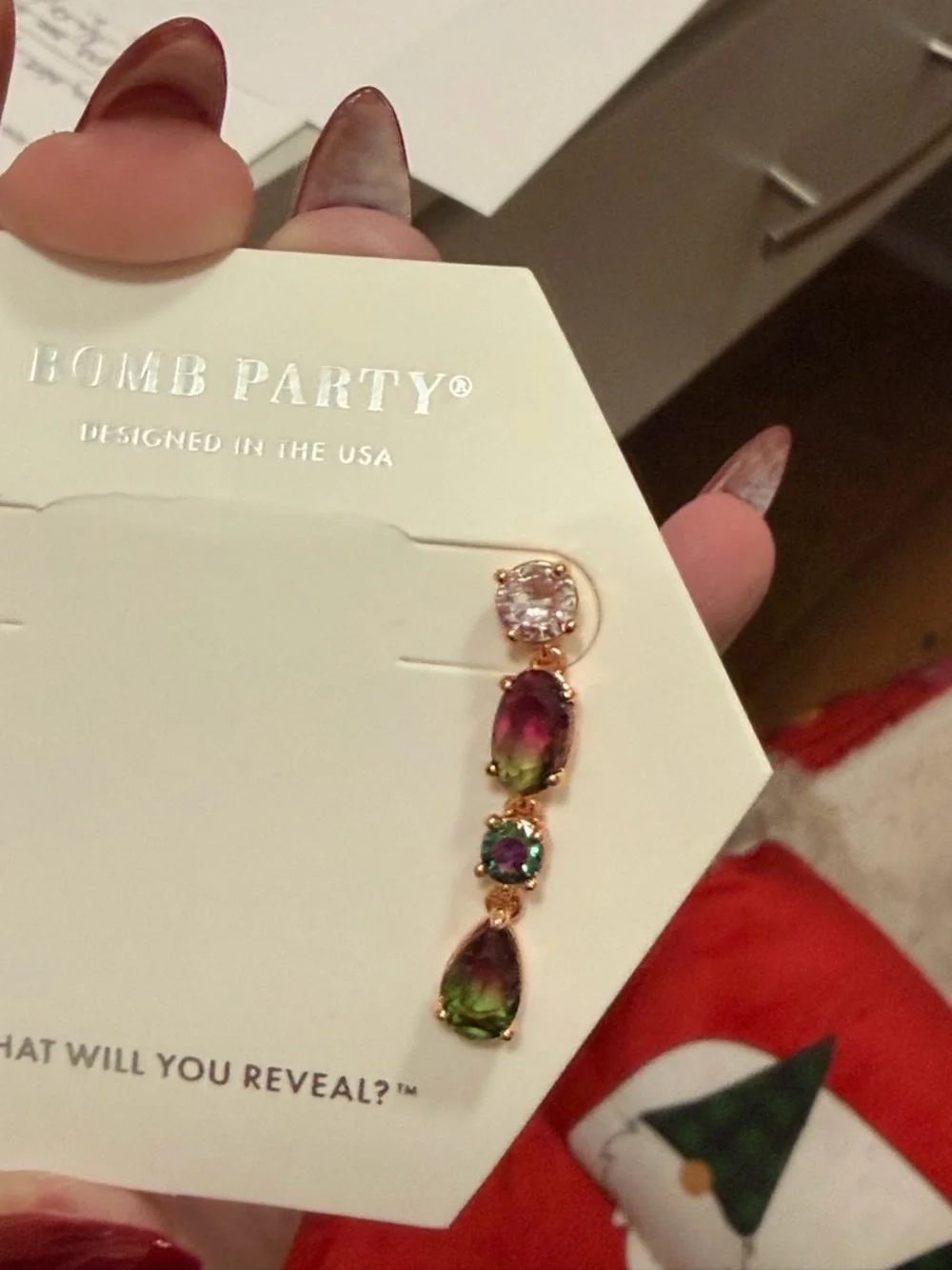 BOMB PARTY Gold-Tone Green & Iridescent Drop Earrings - Picture 7 of 8